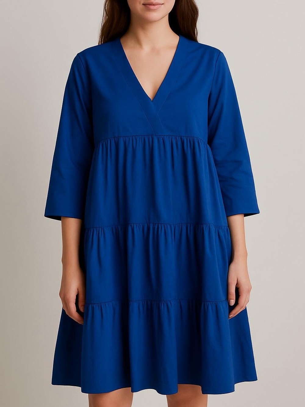 [NWT] Indigo Blue Long Sleeve V-Neck A-Line Tiered Cotton Babydoll Dress - Sz S